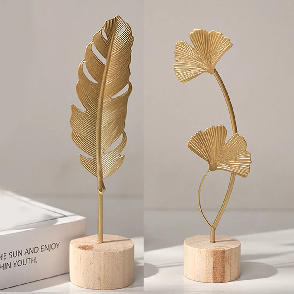 Artisanat de cuir chevelu Ginkgo doré nordique, sculpture de feuilles, décor de salon de luxe, accessoires de décoration pour la maison, ornements de bureau de bureau