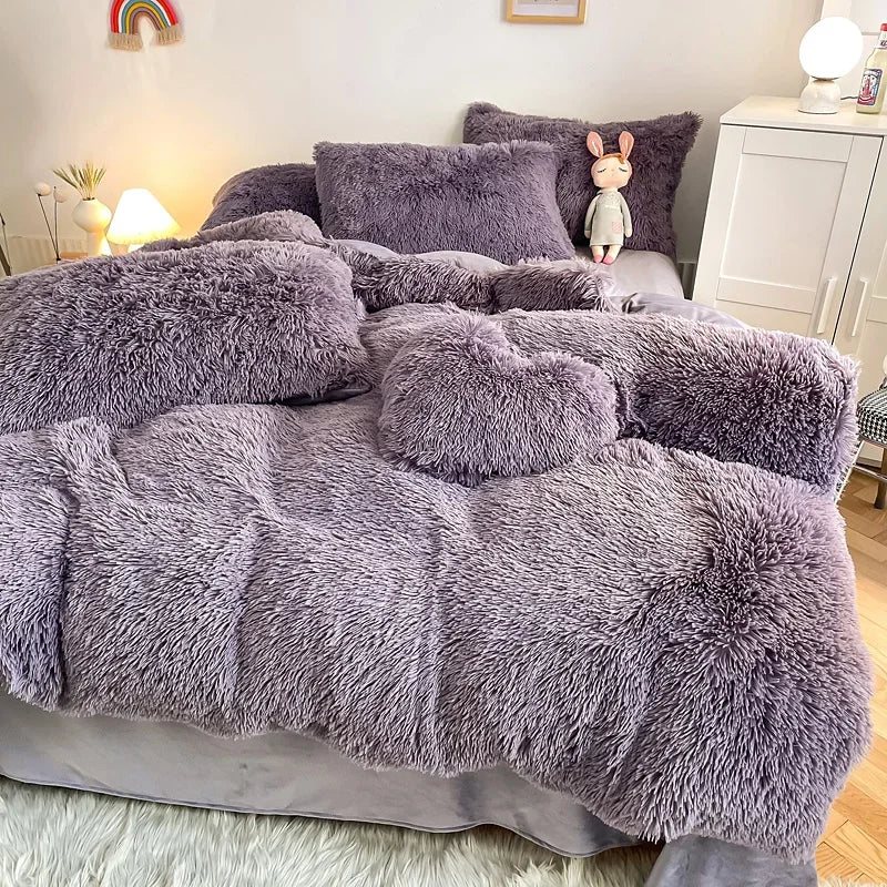 Housse de couette noire en peluche et shaggy + 2 taies d'oreiller avec fermeture éclair Ensemble de literie en velours doux