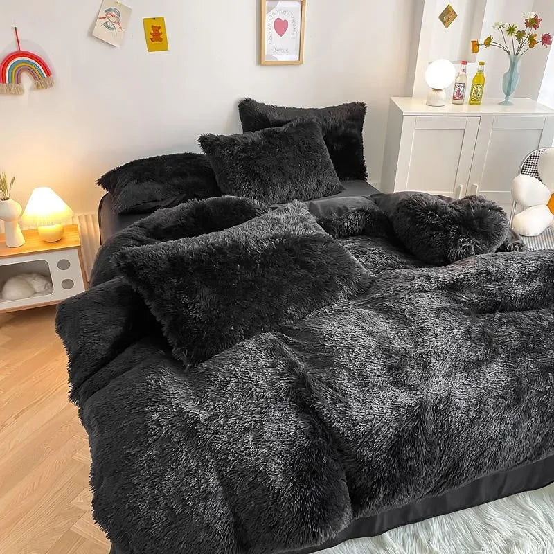 Housse de couette noire en peluche et shaggy + 2 taies d'oreiller avec fermeture éclair Ensemble de literie en velours doux