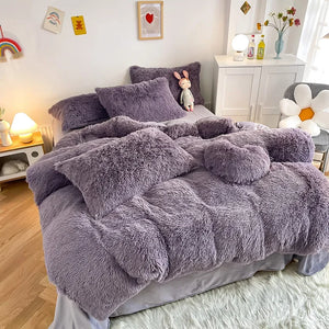 Housse de couette noire en peluche et shaggy + 2 taies d'oreiller avec fermeture éclair Ensemble de literie en velours doux