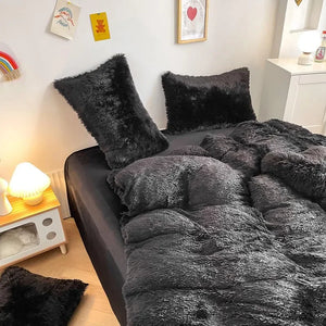 Housse de couette noire en peluche et shaggy + 2 taies d'oreiller avec fermeture éclair Ensemble de literie en velours doux