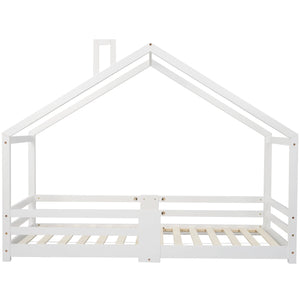 Lit de maison en pin pour enfants, sans matelas, à lattes solides, blanc, 90x200 cm