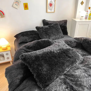 Housse de couette noire en peluche et shaggy + 2 taies d'oreiller avec fermeture éclair Ensemble de literie en velours doux