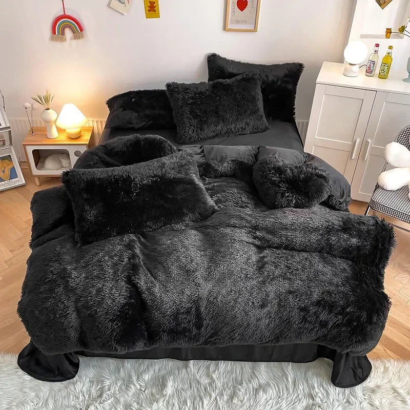 Housse de couette noire en peluche et shaggy + 2 taies d'oreiller avec fermeture éclair Ensemble de literie en velours doux