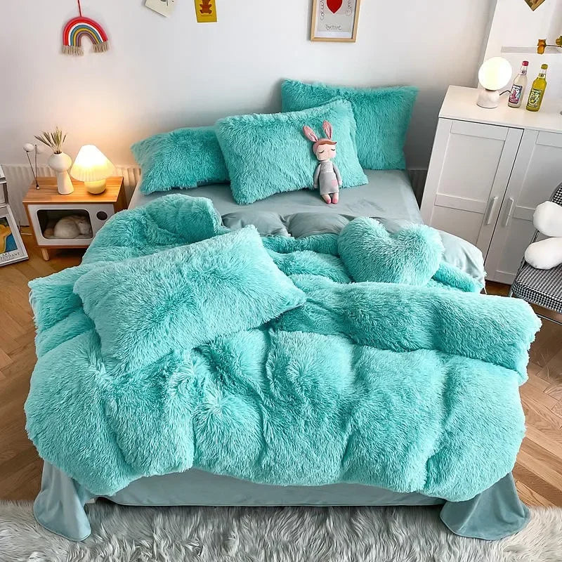 Housse de couette noire en peluche et shaggy + 2 taies d'oreiller avec fermeture éclair Ensemble de literie en velours doux