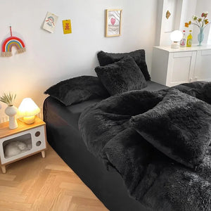 Housse de couette noire en peluche et shaggy + 2 taies d'oreiller avec fermeture éclair Ensemble de literie en velours doux