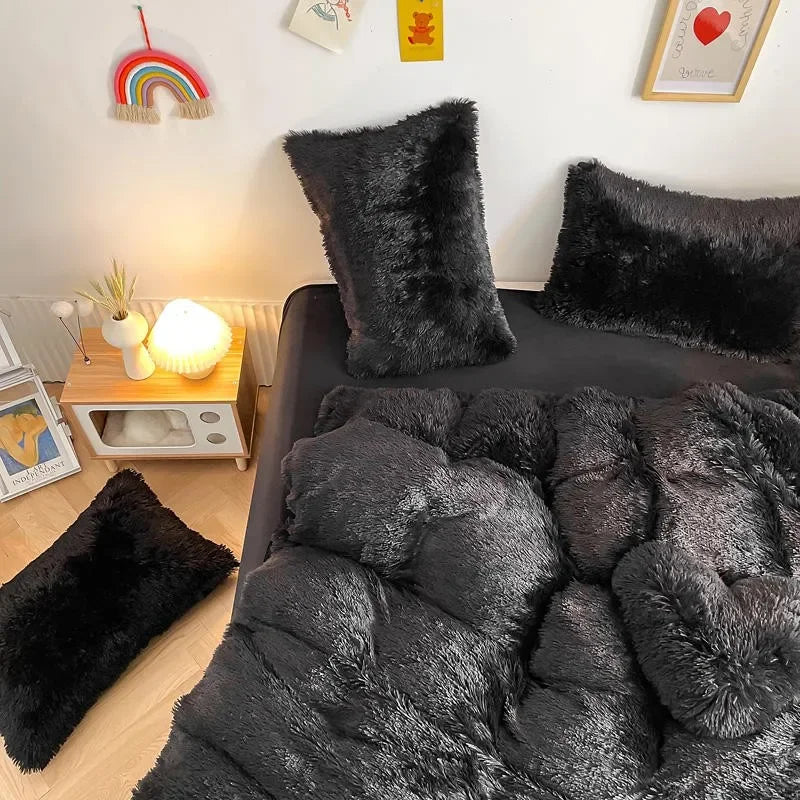 Housse de couette noire en peluche et shaggy + 2 taies d'oreiller avec fermeture éclair Ensemble de literie en velours doux