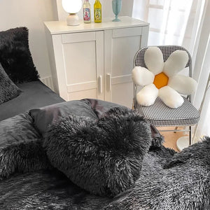 Housse de couette noire en peluche et shaggy + 2 taies d'oreiller avec fermeture éclair Ensemble de literie en velours doux