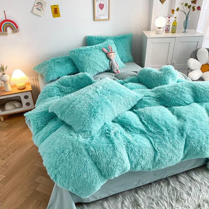 Housse de couette noire en peluche et shaggy + 2 taies d'oreiller avec fermeture éclair Ensemble de literie en velours doux