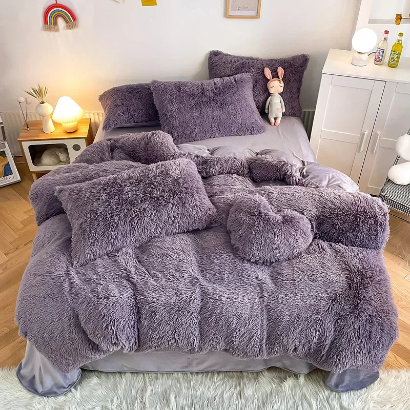 Housse de couette noire en peluche et shaggy + 2 taies d'oreiller avec fermeture éclair Ensemble de literie en velours doux