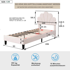 Planche de sauna en forme de fleur, lit simple 90x200cm, cadre de lit avec cadre à lattes, lit enfant adolescente en tissu velours respectueux de la peau